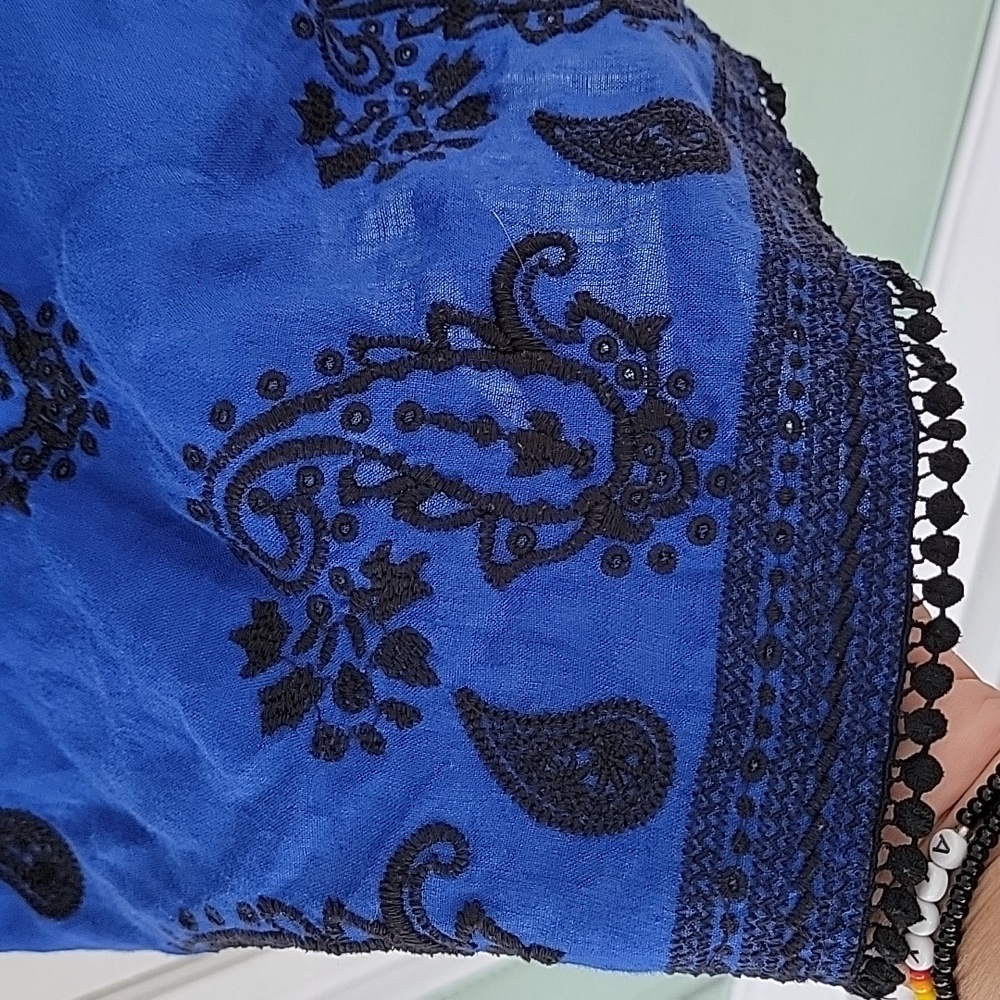 Charter Club Cobalt Blue & Black Embroidery Flutter Sleeve Linen Shirt Sz XL - Picture 6 of 12